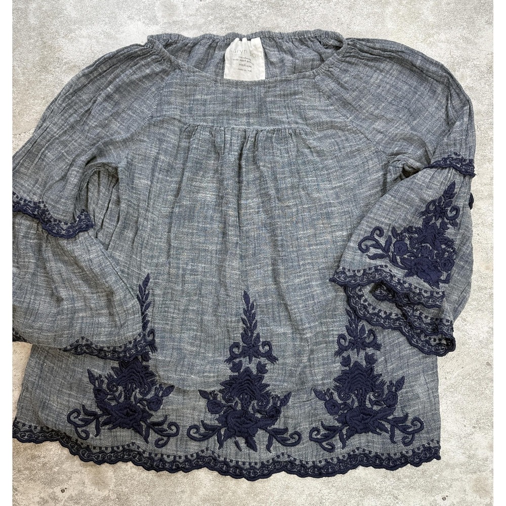 Karyn Seo Blouse Womens Medium Blue Gray Embroidered Boho Tunic Top Long Sleeve‎